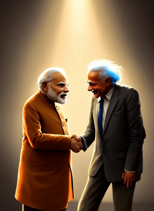 Image similar to portrait, Narendra Modi shaking hands with Albert Einstein , dramatic lighting, cinematic, establishing shot, extremely high detail, foto realistic, cinematic lighting, post processed, concept art, artstation, style by eddie mendoza, raphael lacoste, alex ross