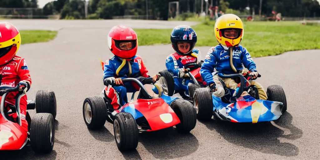 Image similar to photos of toddlers dressed as formula one drivers at a go - kart race, in the style of national geographic, soft focus, golden hour