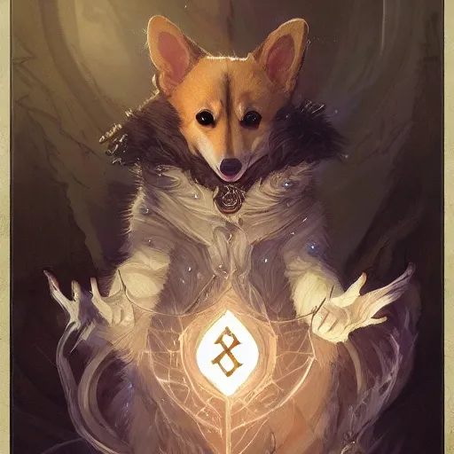 Prompt: portrait of a corgi mage, d & d character art, highly detailed digital illustration, mystical, beautiful, dynamic, glowing, runes, spells, magic, greg rutkowski, trending on artstation, 8 k