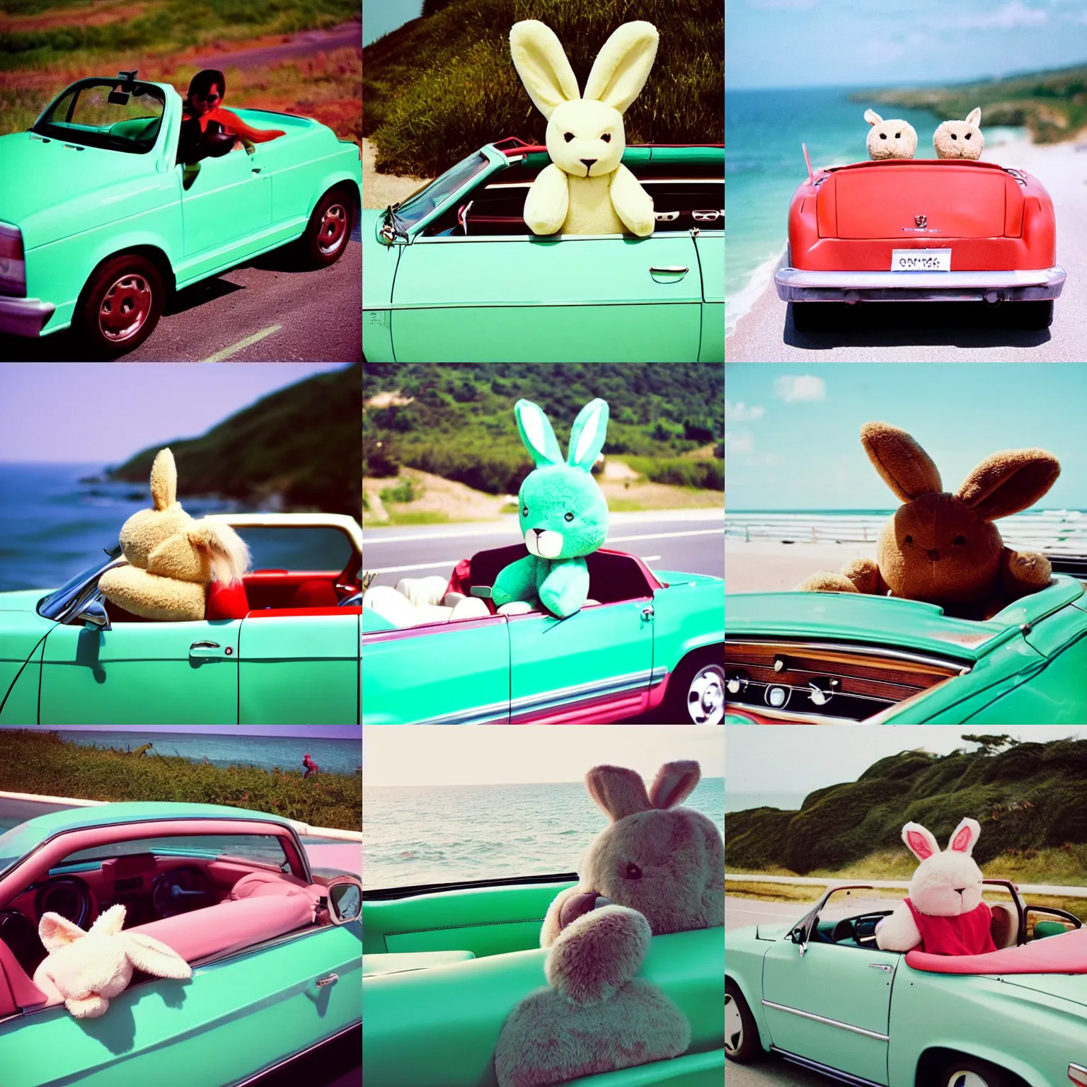 Prompt: “mint green bunny bear plush driving a red convertible next to the ocean on a sunny day, nostalgic film photo, kodak porta 100 120”