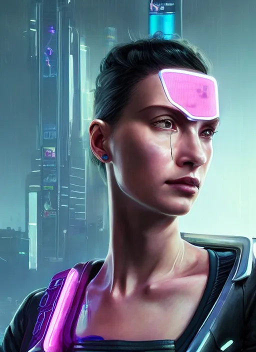 Image similar to portrait of a female truck driver as a character in Cyberpunk 2077, looking at camera, intricate, elegant, sci-fi, extremely detailed, digital painting, artstation, concept art, smooth, sharp focus, illustration, ambient lighting, incredible art by artgerm and greg rutkowski and alphonse mucha and simon stalenhag