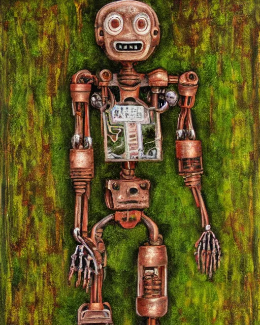 Image similar to detailed oil painting of a decayed, rusty, humanoid robot, covered in moss