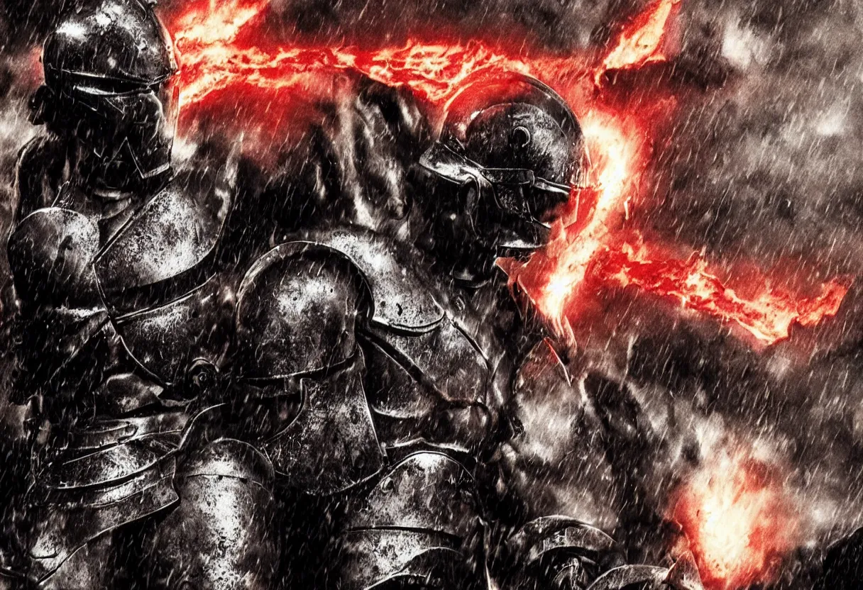 Image similar to leonidas 3 0 0 spartan zack snyder helmet battle scarred artwork strong soldiers battle large epic proportions background dark skies raining fire