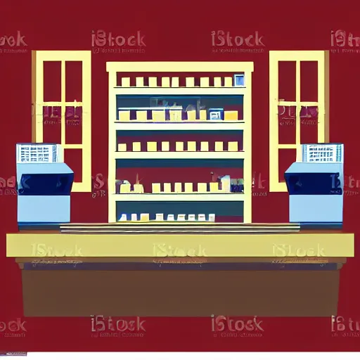 Prompt: cash register in foreground shelves of buliding supplies in the background vector art