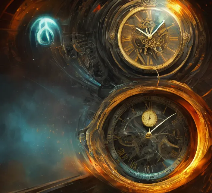 Image similar to the master of time controlling the flow of time by using his magical clock artifact, cinematic composition, epic colors, detailed, warm lighting, volumetric, beautiful, trending on artstation, art claudiu - antoniu magherusan