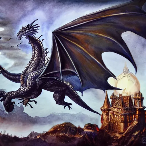 Image similar to a majestic , magnificent dragon flying over a medieval castle under a dark starred sky, dark fantasy, watercolor, dreaming illusion, highly detailed, 4k, trending on Artstation, award-winning