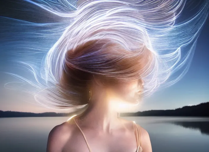 Prompt: an elegant goddess with luminous hair, flowing lightpainting swirling around her, highly detailed, photorealistic, surrounded by lake, reflections, smooth, sharp focus, ultrawide, art by lindsay adler and dani olivier and michael bosanko