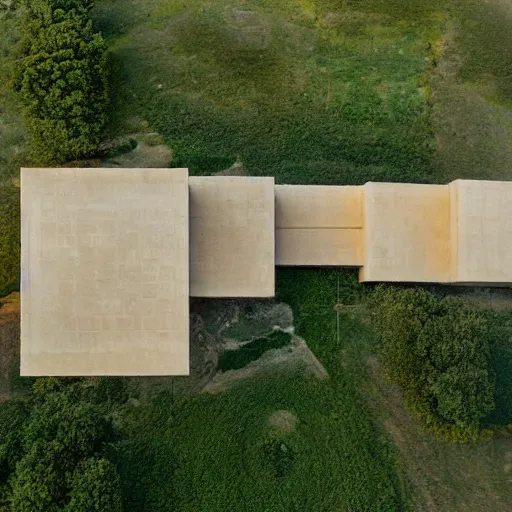 Image similar to a building in a stunning landscape by louis kahn and alberto burri, architectural photograph distance drone wide view, dynamic lighting sharp infinite focus