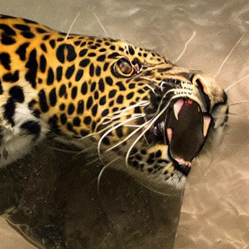 Prompt: a leopard diving under water
