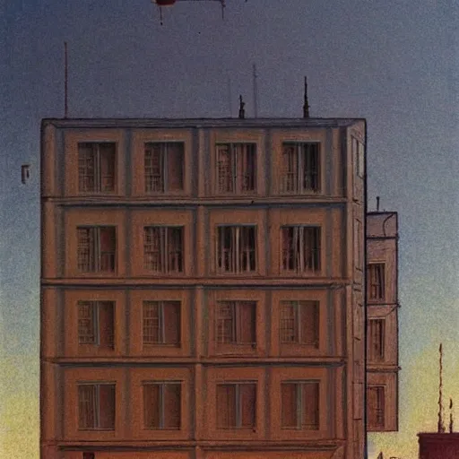 Image similar to a drawing of a building with a sky background, concept art by mikalojus konstantinas ciurlionis, pixiv, vorticism, concept art, dystopian art, official art