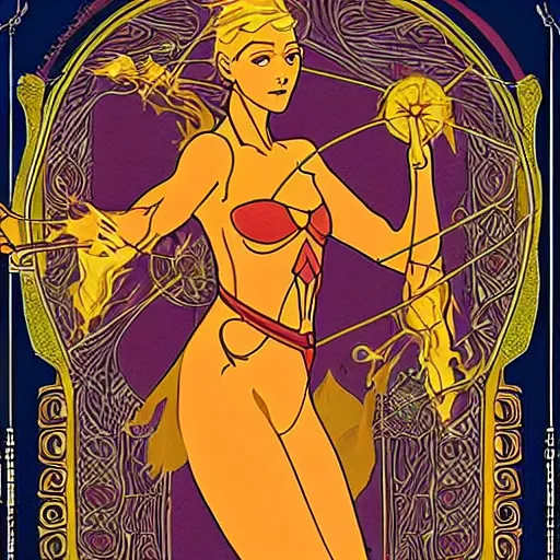 Prompt: art nouveau still of Princess Ursa performing a firebending healing session