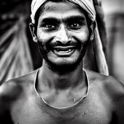 Image similar to a dramatic photograph of worker from india, beautiful smile, cinematic lighting