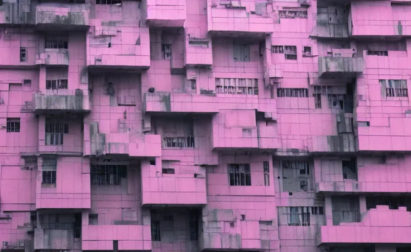 Prompt: pink brutalist building in the style of Blade Runner 2048