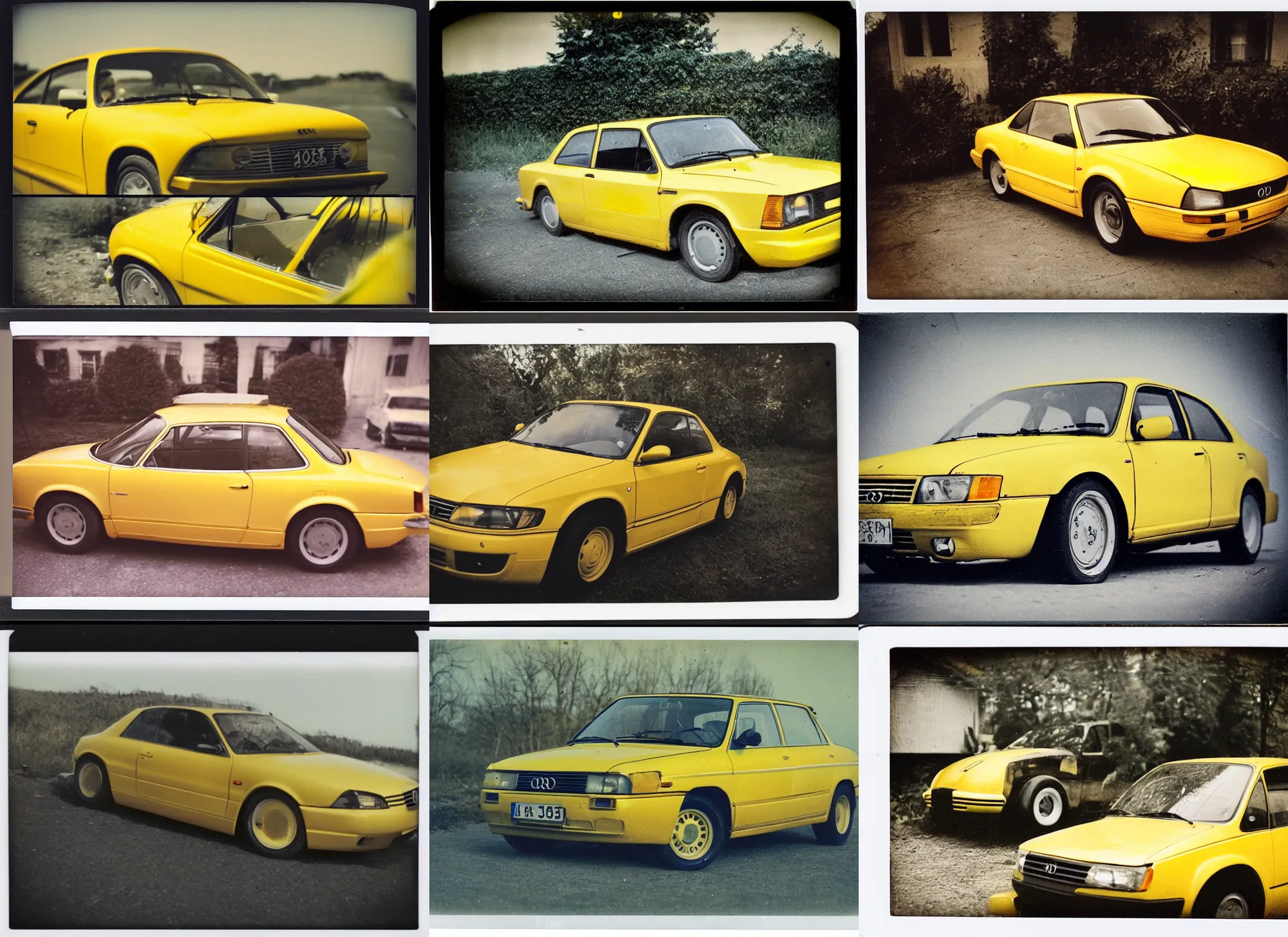 Prompt: old polaroid shots of a yellow audi
