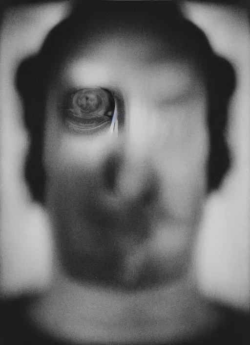 Image similar to studio portrait of a man with eyes all over his face. dusk, sunset, film photo, rollei 3 5 camera, tri - x film