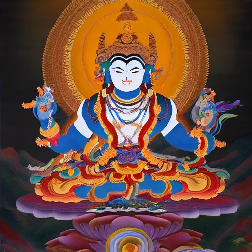 Image similar to thangka painting depicting vajrabhairava, hyperrealistic, highly detailed, trending on artstation