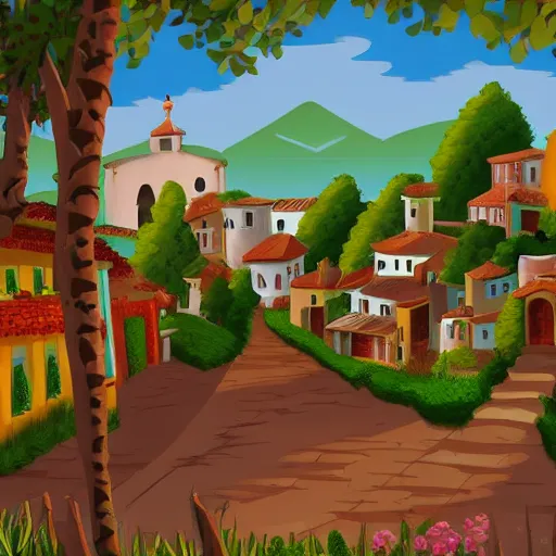 Image similar to A Spanish village. 2D videogame seamless parallax background.
