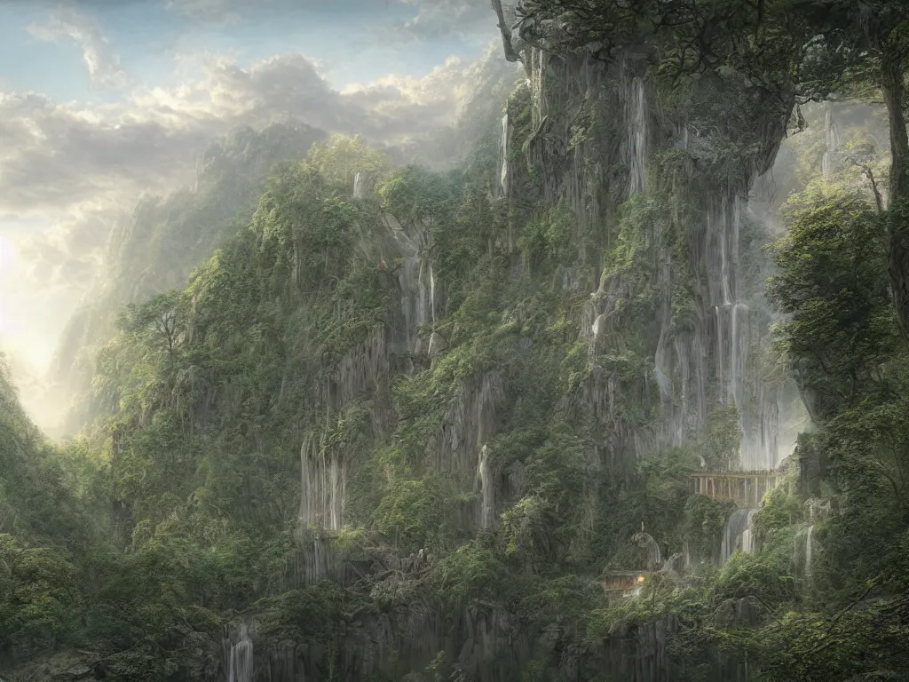 Image similar to Rivendell in the evening, detailed matte painting, cinematic, Alan Lee, Artstation