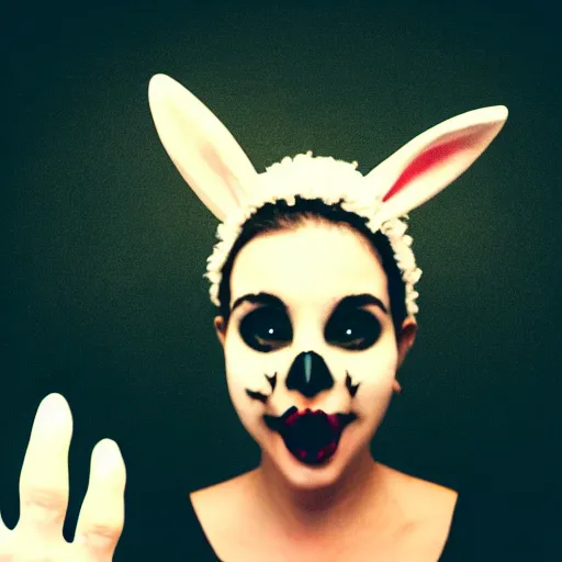 Prompt: a selfie of a woman making bunny ears with her fingers, fisheye lens photography, with a spooky filter applied, with a figure in the background, in a halloween style.