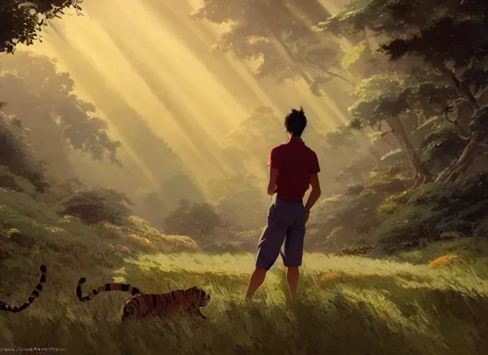 Image similar to a key shot of Tiger looking at bunny animation at mid-day, medium shot, waist up, studio Ghibli, Pixar and Disney animation, sharp, key art by Greg Rutkowski, dramatic lighting, flat texture