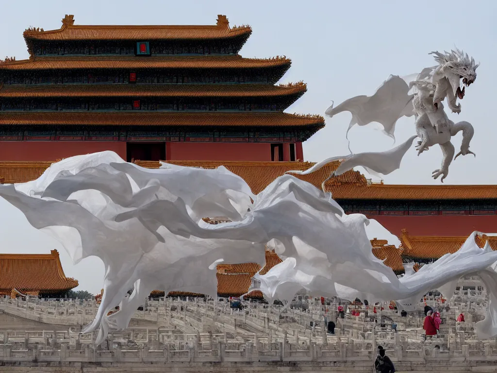 Prompt: a white dragon hovering in the sky of the forbidden city