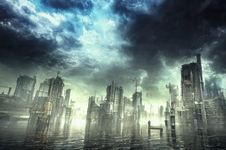 flooded cyberpunk city ruins stormy sky | Stable Diffusion | OpenArt