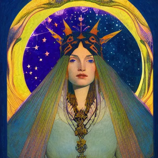 Image similar to queen of the moon with stars in her hair, by nicholas roerich and annie swynnerton and donato giancola and dulac, dramatic lighting, god rays, geometric tattoos, rich colors, smooth sharp focus, extremely detailed, leo and diane dillon, adolf wolfli