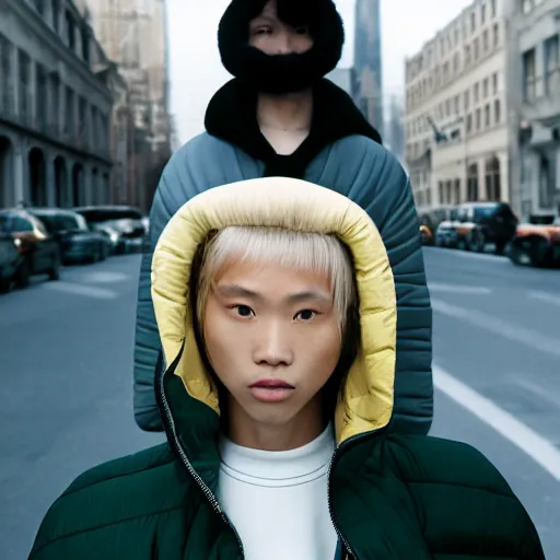 Image similar to realistic photoshooting for a new balenciaga lookbook, color film photography, portrait of a blonde asian woman, model wearing a puffer jacket, photo in style of tyler mitchell, 3 5 mm,