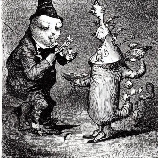 Image similar to A hookah smoking caterpillar + Alice In Wonderland + Absolem + Lewis Carol + by John Tenniel ::