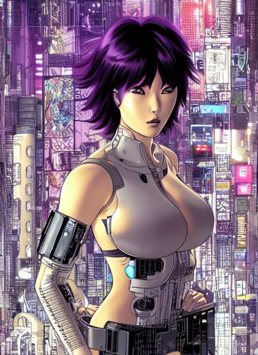 Prompt: motoko kusanagi in grungy cyberpunk megacity, intricate and finely detailed, cyberpunk vaporwave, portrait by j scott campbell, phil jimenez, ilya kuvshinov