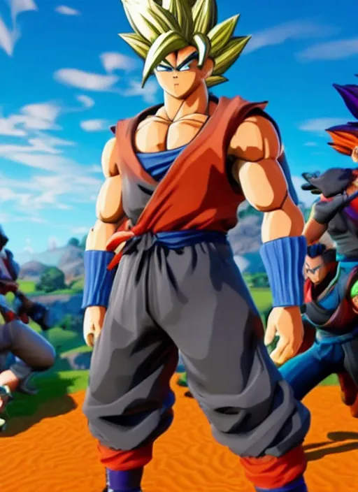 Image similar to game still of a sayan goku as a fortnite skin in fortnite, pose.