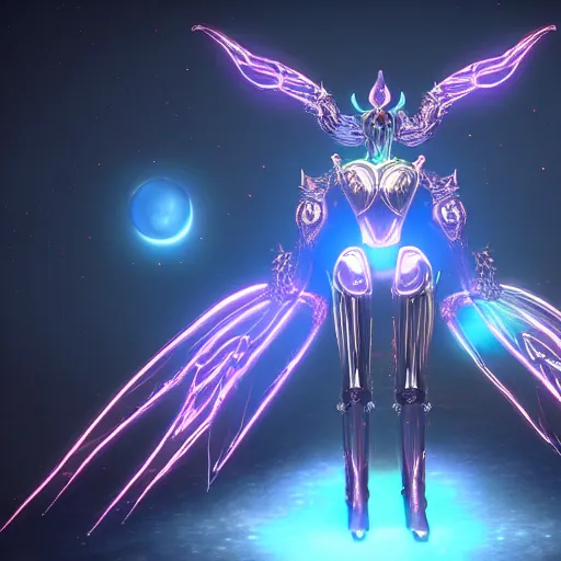 Image similar to the most beautiful cosmic android robot female devil, long glowing horns, huge wispsy wings, devil wings, into the cosmic sun, photo pic by unreal engine