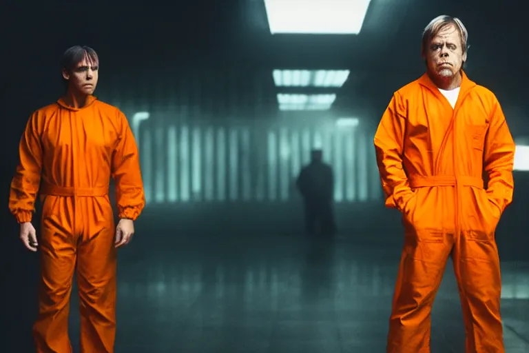 Prompt: mark hamill 1 9 8 3 wearing an orange prison jumpsuit, photography by fred palacio medium full shot still from bladerunner 2 0 4 9, sci fi, bladerunner, canon eos r 3, f / 1. 4, iso 2 0 0, 1 / 1 6 0 s, 8 k, raw, unedited