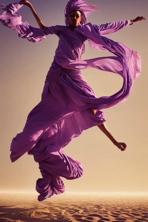 Prompt: full lenght flowing twisted clothes like tornado a old tuareg woman, many fabric, stones near foot, wind, stands on sand, full body shot, dark background, pastel purple colour scheme, giant gladiola betta fish!! jellyfish phoenix, highly detailed. by wlop, tooth wu, greg rutkowski, beeple