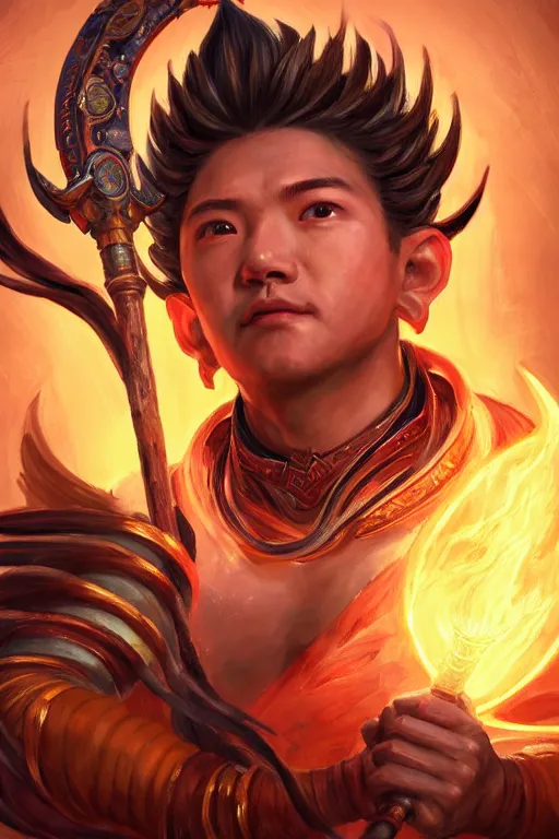 Image similar to a masterpiece portrait of nezha, legendary god holding spear, boy, flame everywhere, epic pose, fantasy character portrait, closeup shot, hyper detailed, digital painting, 8 k realistic, trending on artstation, sharp focus, dof, by fenghua zhong, artgerm, ne zha from smite, jeff easley, raymond swanland