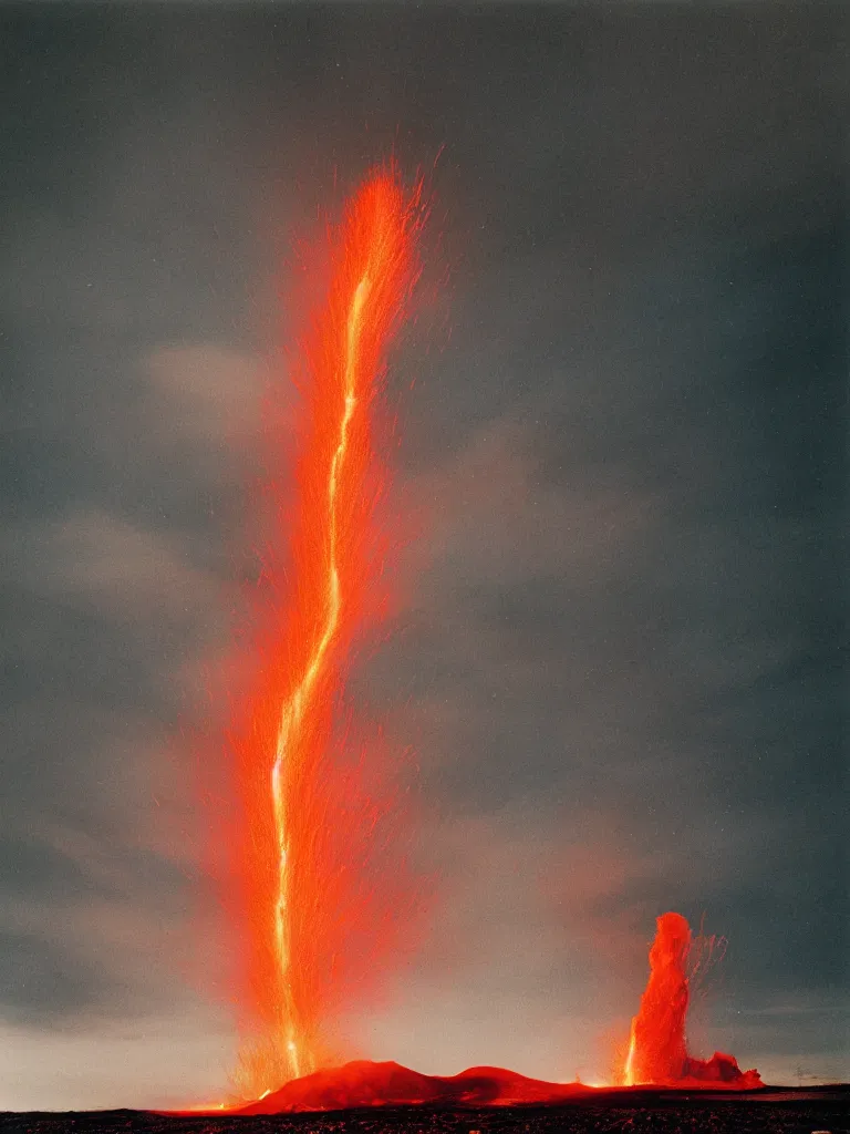 Prompt: An Icelandic Volcano violently spewing a rocket of lava into space, dark background, photograph by William Eggleston