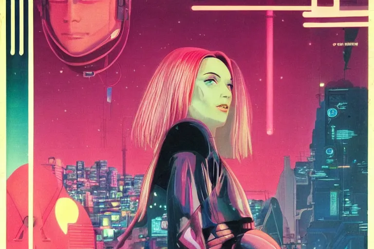 Image similar to 1979 OMNI Magazine Cover of android with shiny Chrome face with Pink hair. neo-Tokyo streets behind her. in cyberpunk style by Vincent Di Fate