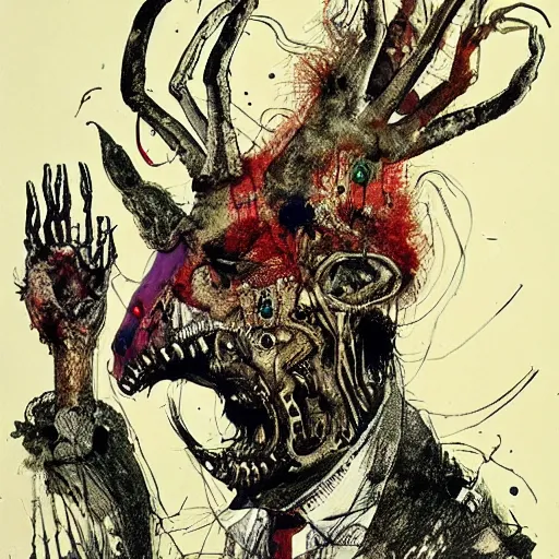 Image similar to Graphic Illustration, Creative Design, Baphomet, Biopunk, Body horror, by Ralph Steadman, Francis Bacon, Hunter S Thompson