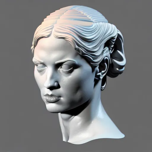 Prompt: 3 d sci - fi cgartist ambient occlusion rendering of a hyper realistic marble greek statuary female head product photo bright white backdrop high key bisexual lighting by chris moore, by edward hopper, by col price, trending on artstation