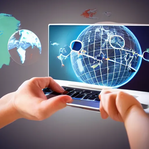 Prompt: photo person using a computer, background | in the background appears a 3d illustration of the world interconnected by the internet