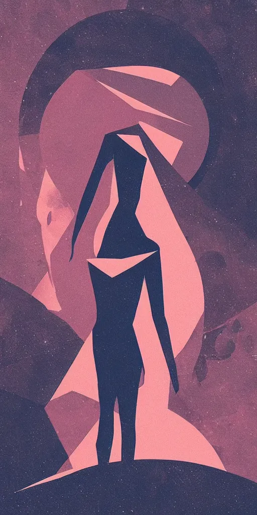 Image similar to “ femme on a galactic shore, noir, solid shapes, geometric art deco, french, palette, plain, no fine details, horror theme, isaac asimov ”