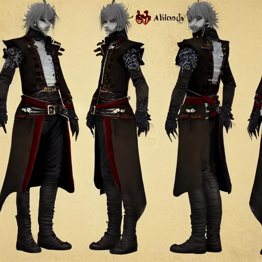 Prompt: Full body profile of Male Victorian Gothic Pirate Genshin Impact character, hd, intricate, bloodborne, 8k, digital art