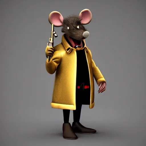 Image similar to 3d anthropomorphic rat, disney pixar, holding tommy gun, velvet, fur coat, high quality, golden necklace, fendi, high fashion