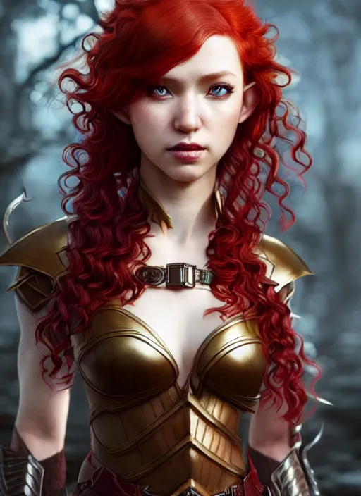 Image similar to leather armor!!! beautiful and elegant curly red hair female elf!! gorgeous ayes!! character concept art, sharp focus, octane render! unreal engine 5! highly rendered!! trending on artstation!! detailed linework!! illustration by artgerm, wlop, and chie yoshii