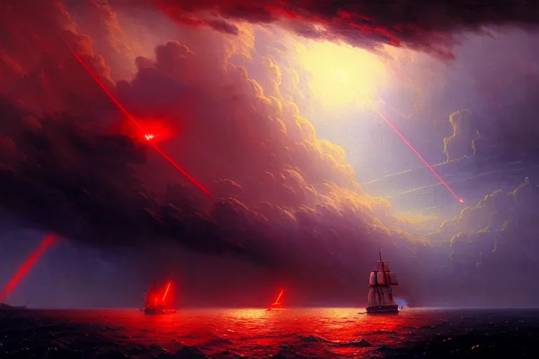 Image similar to A beautiful matte painting of huge alien spaceship attacking with powerful red lasers a Sailship in ocean in thunderstorm by Greg Rutkowski and Ivan aivazovsky