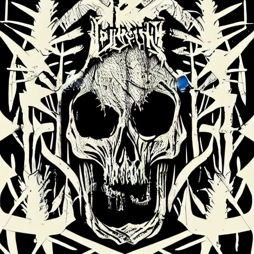 Image similar to dark death metal themed vector illustration for a record label, trees. forest, spikes, skull, microphone, skull, award winning, grunge, iconic, golden ratio