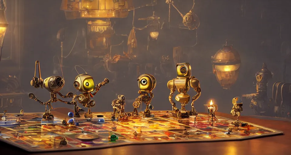 Image similar to a beautiful tapestry, a small robot playing a futuristic boardgames ultra detailed, atmospheric lighting, steampunk, moody, candles, characters from machinarium, by don bluth, trending on artstation, octane render, 8 k, ultra realistic