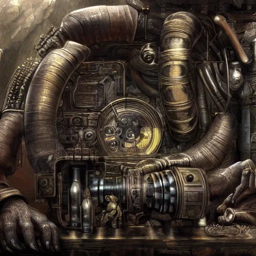 Image similar to Steam computer in ancient time surrounded by apes, highly detailed, highly realistic, artstation, by Hans Giger