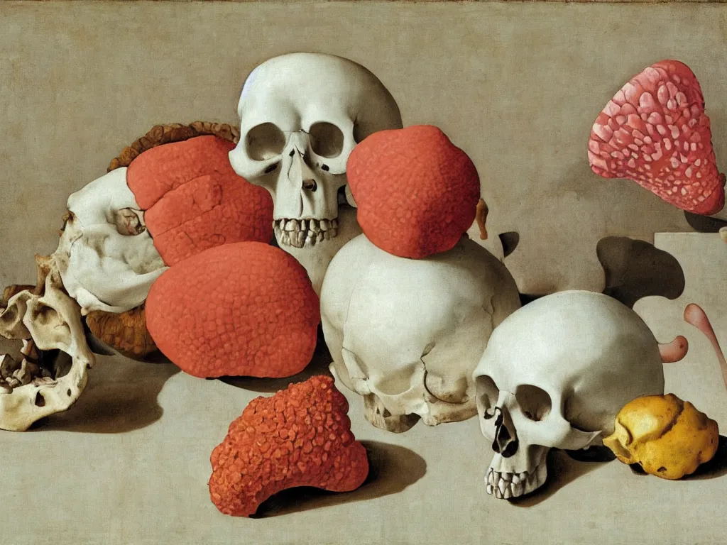 Prompt: Still life with skull corals, skull conch shell, white cloth, lily, skull water cup. Painting by Piero della Francesca, Zurbaran, Morandi