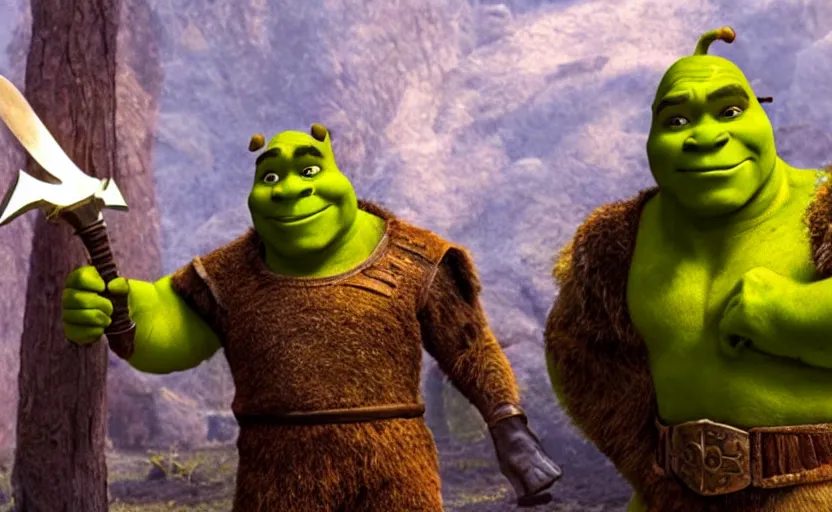 Image similar to Movie still of shrek wearing warrior armor showing his golden sword